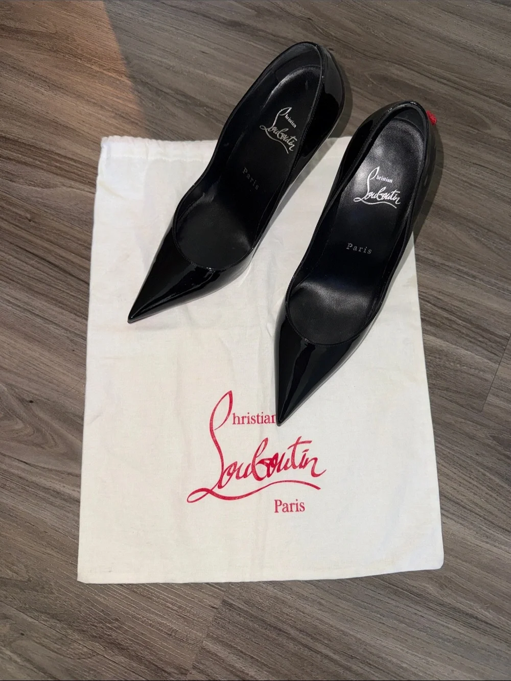 Christian Louboutin Black Patent Miss Z Pointed Toe Pumps with Red Heel Tab